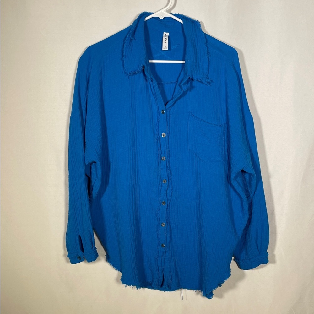 ZENANA WOMENS GAUZEY BLUE BUTTON DOWN BLOUSE SHIRT DISTRESSED LARGE